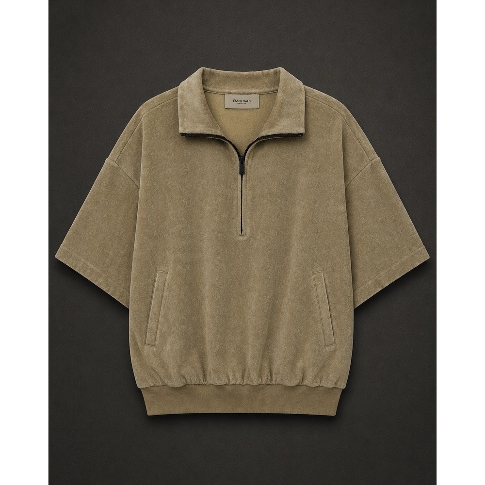 Fear of God Essentials Half Zip Velour Pullover Sweatshirt Oak Oversized NWT - Picture 2 of 8